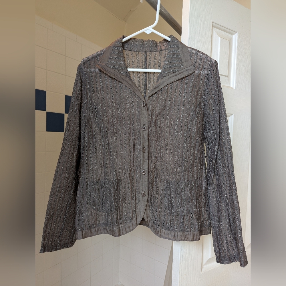 NWOT Respighi Coffee Embroidered Eyelet Button-up Shirt Blouse Size L